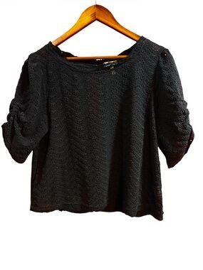 Joie Silk Black Eyelet Cinch Sleeve Blouse Top Size Large Keyhole Cutout